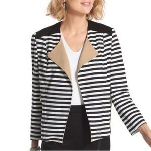 Chico's Black and White Striped Blazer with Tan Accents Zipper Pockets